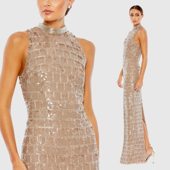 NWT Mac Duggal 10907 Sequined High Neck Sleeveless Column Gown in Taupe Size 12 - Picture 2 of 13